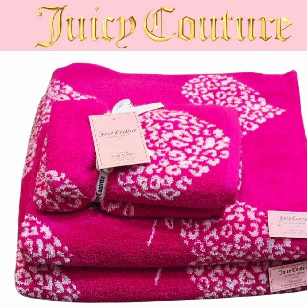 Juicy Couture Home Script Logo Leopard Heart Plush Bath & Hand Towel Set- Pink/W